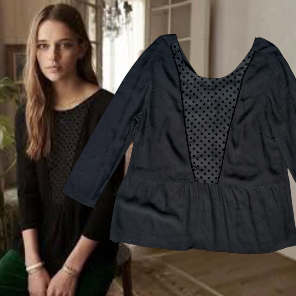 Sezane Abelia Blouse Black Polka Dot Sheer Panel Peplum Top Size 8